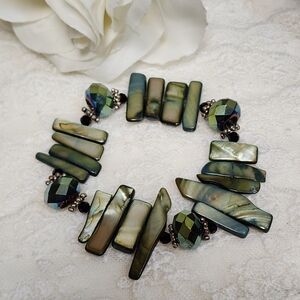Boho Green, Gray and Blue Shell Stretch Bracelet With AB Faceted Glass Beads